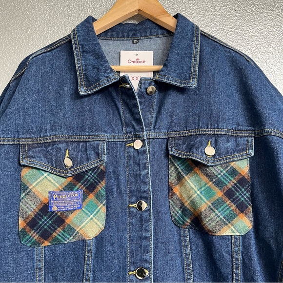 UPCYCLED Pendleton Wool Plaid Flannel Patchwork Denim Jacket REWORKED - Picture 3 of 7